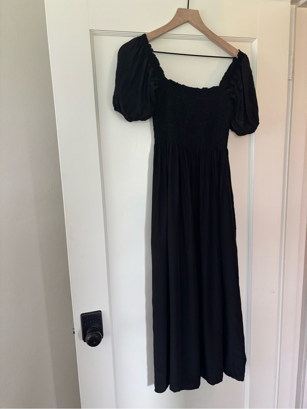 La Ligne Black Puff-Sleeve Smocked midi silk Dress